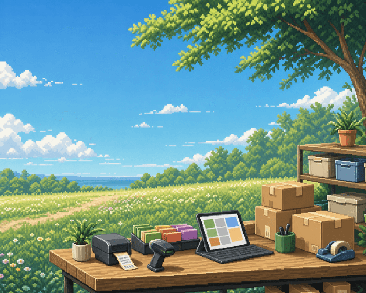 Pixel-art resale packing station with boxes, tags, scanner, and meadow